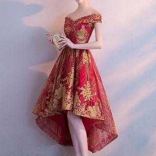 Embroidered Off-shoulder Dip Back Cocktail Dress