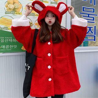 Fleece Button-up Rabbit Ear Hooded Jacket