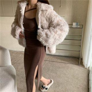Plain Slit Suspender Skirt / Fleece Long-sleeve Jacket