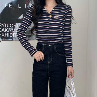 V-neck Buttoned Striped Top