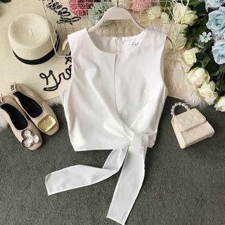 Bow-detail Plain Round-neck Cropped Tank Top