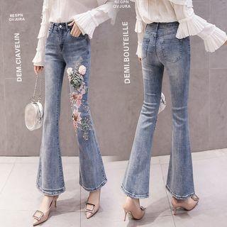 Flower Embellished Bell-bottom Jeans