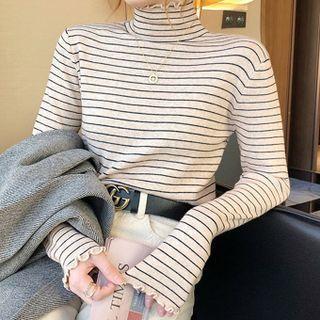 Striped Ruffle-edge Mock-neck Knit Top