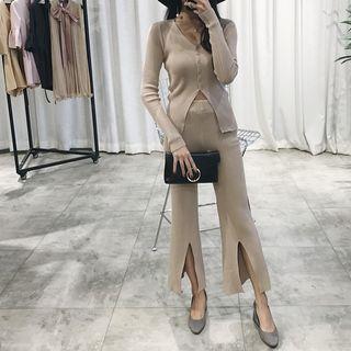 Set: Long-sleeve Knit Top + Wide Leg Pants