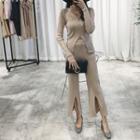 Set: Long-sleeve Knit Top + Wide Leg Pants
