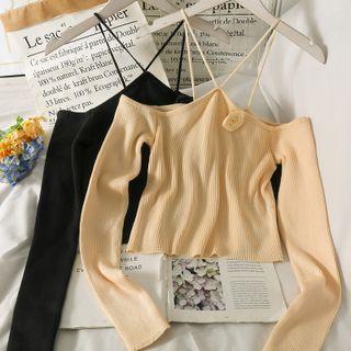 Rose-accent Strappy Crop Knit Top
