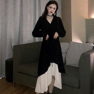 Set: Long-sleeve A-line Dress + Spaghetti Strap Two-tone Midi A-line Dress