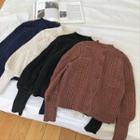 Plain Single-breasted Cable-knit Puff-sleeve Cardigan