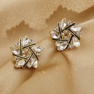 Rhinestone Earring 1 Pair - Black Stripe - Rhinestone - Silver - One Size