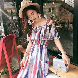 Striped Off Shoulder Short Sleeve Midi Chiffon Dress