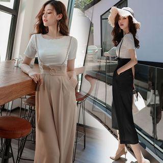 Set: Short-sleeve T-shirt + Spaghetti Strap Suspender Pants