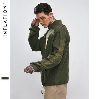 Stand-collar Distressed Printed Pullover