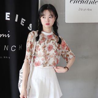 Elbow-sleeve Floral Chiffon T-shirt