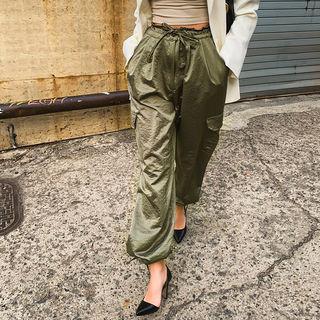 Drawstring-waist Tie-hem Satin Cargo Pants