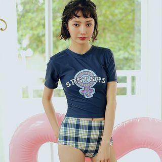 Set: Short-sleeve Lettering Swim Top + Plaid Swim Skirt + Swim Bottom