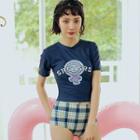 Set: Short-sleeve Lettering Swim Top + Plaid Swim Skirt + Swim Bottom