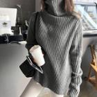 Turtleneck Rib Knit Sweater Gray - One Size