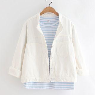 Mandarin Collar Denim Jacket White - One Size