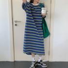 Short-sleeve Striped Shift Split T-shirt Dress Blue - One Size