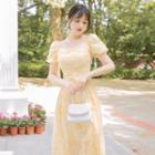 Lace Trim Puff-sleeve Floral Midi A-line Dress