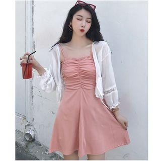 Shirred Spaghetti Strap A-line Dress / Lace Trim Light Jacket