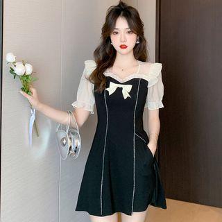 Set: Short-sleeve Bow Mini A-line Dress + Shorts