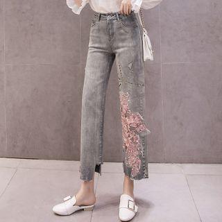 Flower Detail Cropped Wide-leg Jeans