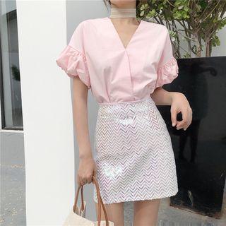 Plain V-neck Puff-sleeve Blouse / Sequined Skirt