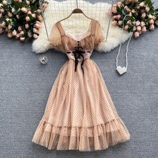 Square-neck Dots Mesh Drawstring Short-sleeve Dress