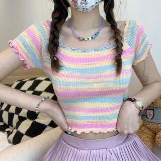 Short-sleeve Off Shoulder Striped Crop Knit Top