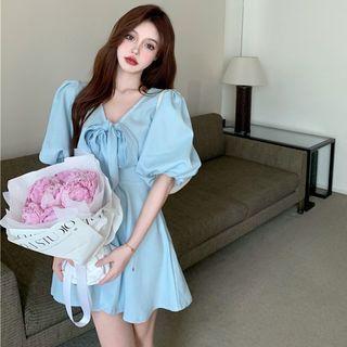 Bubble-sleeve Ribbon-neckline Mini Dress