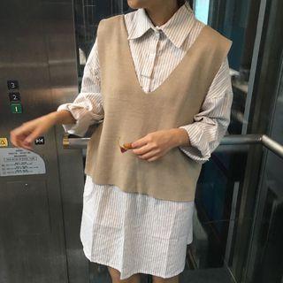 Long-sleeve Shirt Dress / Knit Vest