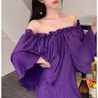 Off-shoulder Plain Dress Purple - One Size