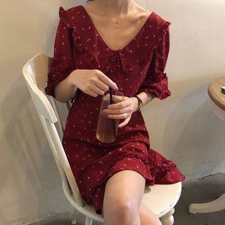 Bell-sleeve Mini Chiffon Dress Red - One Size