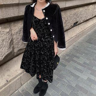 Button Velvet Jacket / Spaghetti Strap Midi A-line Dress