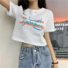 Short-sleeve Letter Printed Cropped T-shirt White - One Size