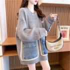 Denim Panel Ribbed Knit Sweater