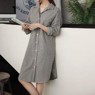 Long-sleeve Striped Shirtdress Stripe - Grayish White - One Size
