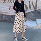 Button Knit Top / Dotted Midi Skirt