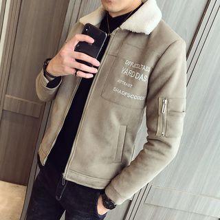 Faux Suede Lettering Embroidered Zip Jacket