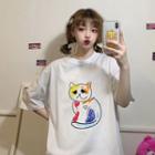 Cat Print Shot-sleeve T-shirt