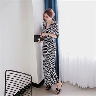Elbow-sleeve Patterned Wrap Dress Black - One Size