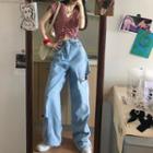Cutout Wide-leg Jeans / Short-sleeve Plaid Top