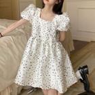 Puff-sleeve Dotted Mini A-line Dress Black Dots - White - One Size