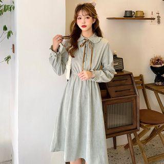 Long-sleeve Midi A-line Dress Dress - Green - One Size