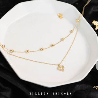 Rhinestone Heart Pendant Layered Necklace Gold - One Size