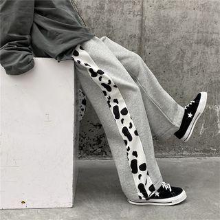 Cow-print Panel Straight-cut Pants