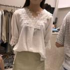 Lace Panel Elbow-sleeve T-shirt White - One Size