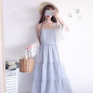 Spaghetti Strap Lace Trim Midi Dress / Long Light Jacket