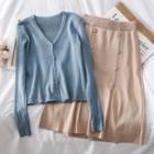 Set: Button-down Knit Top + Buttoned Midi Skirt